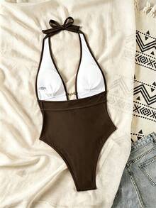 Swim SXY Springbreak 女款黑色深V掛脖性感連身泳衣 節慶波希米亞風 - 咖啡棕 - 查看 2