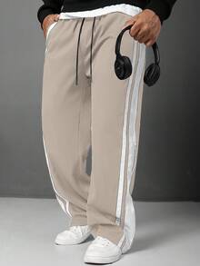 Manfinity Homme Plus Size Men's Casual Straight Leg Pants With Side Stripes And Drawstring Waist - Apricot - View 3