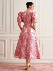 BELROSIE BELROSIE French Romantic Girl Style 3D Rose V-Neck Petal Sleeve Cinched Waist Extra Long Women's Dress - Pink - View 3