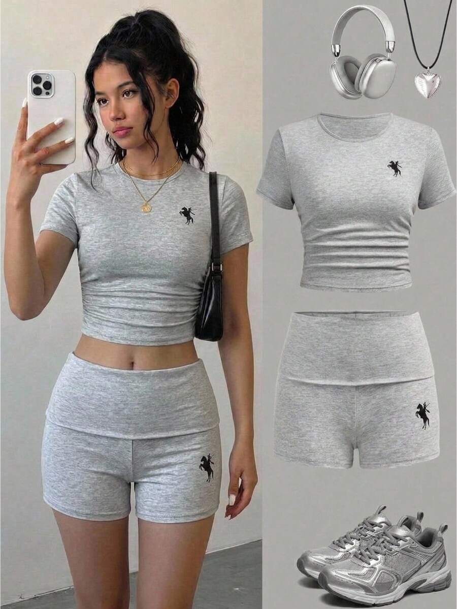 SHEIN Setelan 2 Potong untuk Remaja Perempuan: Sweater Rajut Abu-abu dengan Motif Kuda + Celana Pendek Abu-abu, Gaya Kasual, Dasar, dan Sporty untuk Musim Panas - Grey - View 1
