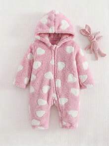 SHEIN Baby Girl Heart Pattern Hooded Fuzzy Romper - Pink - View 1
