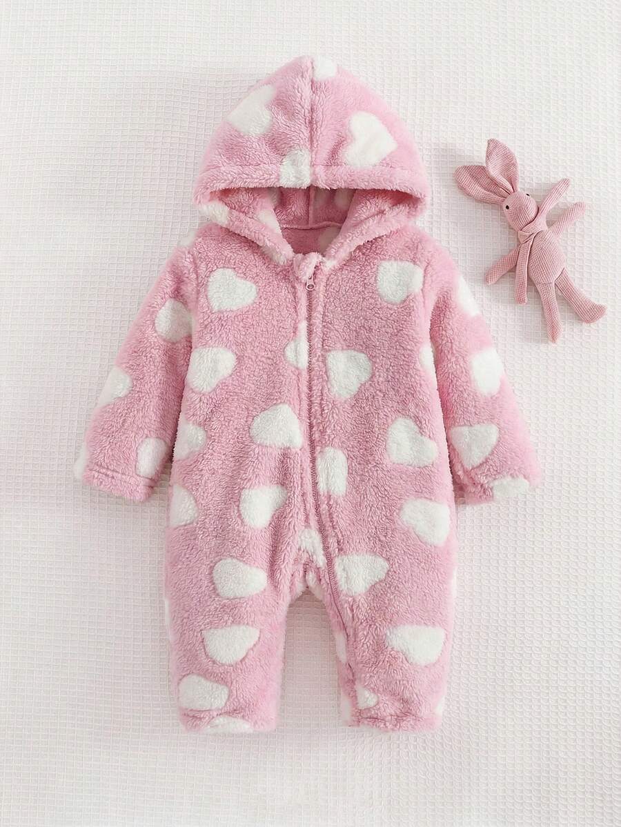 SHEIN Baby Girl Heart Pattern Hooded Fuzzy Romper - Pink - View 1