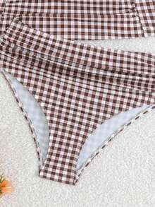 Swim Lushoire 女款夏季海灘度假優雅格紋扭結前胸坦基尼泳衣套裝 - 彩色 - 查看 6