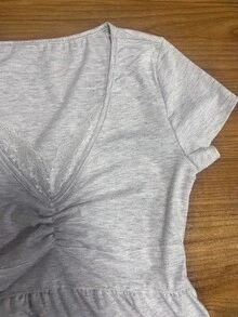 IslaSuriya Áo thun thường ngày 2 trong 1 phối viền ren size lớn - Màu Xám nhạt - Xem 3