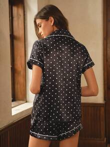 Bisouelle Polka Dot Print Casual Versatile Short Sleeve Shirt And Shorts Button Set - Black and White - View 2