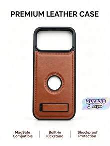 1pc Premium PU Leather Textured Phone Case With Stand, Shockproof, Compatible With IPhone 17 Pro Max Plus - Brown - View 1