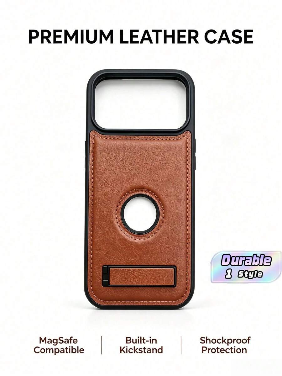 1pc Premium PU Leather Textured Phone Case With Stand, Shockproof, Compatible With IPhone 17 Pro Max Plus - Brown - View 1
