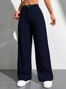 SHEIN PETITE 女款休閒鈕扣口袋寬鬆長褲，適合辦公與通勤 - Blue Power - 查看 6
