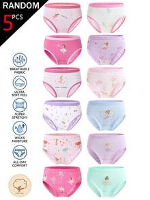 SHEIN 5pcs/Lot Random Assorted Colors Cute Fairy Print Cotton Triangle Panties For Young Girl, All Seasons, Multi-Pattern - Multicolor - View 4