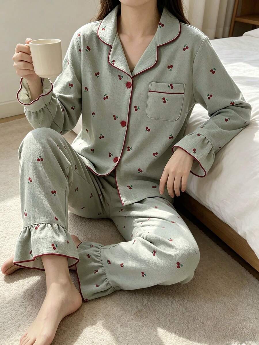 Elladie kids Sweet Style Cherry Print Long Sleeve Cardigan & Pants 2 Pieces Set, Casual Comfortable Loungewear For Girls - Green - View 1