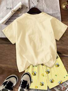 Tween Girl Casual Minimalist Cartoon Pattern Short Sleeve & Shorts 2 Pieces Set, Suitable For Summer - Multicolor - View 4