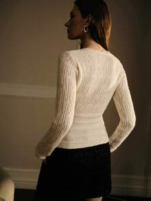 MOTF PREMIUM SOLID V-NECK BUTTON DETAIL POINTELLE KNIT SWEATER - White - View 6