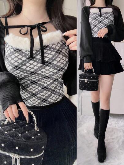 FRIFUL Women's French Cute Sweet Style Ruffle Trim Patchwork Plaid Camisole And Long Sleeve Knit Top 2 Pieces Set Brunch White Black Autumn