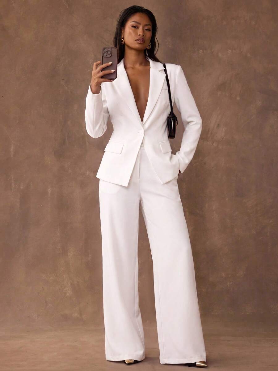 SHEIN BAE Women's Solid Color Mottled Collar Long Sleeve Single Button Jacket And Pants Elegant Suit Casual Set - White - View 1