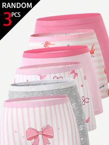 SHEIN 【3件隨機款】女童可愛俏皮快樂卡通蝴蝶結愛心印花純棉四角內褲，冬季嬰兒粉 - 彩色 - 查看 4