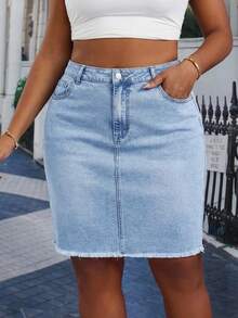 SHEIN Essnce Plus Size Summer Casual Washed Asymmetric Pocket Frayed Hem Denim Skirt - Light Wash - View 1