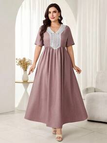 Al Najma Plus Size Women 3D Embroidery Decor Short Sleeve Arabic Traditional Long Dress - Dusty Pink - View 5