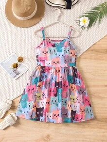 Genkimix Kids Young Girl Printed Cartoon Patterned Cute Spaghetti Strap Dress - Multicolor - View 4