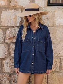 EMERY ROSE Women's Plain & Simple Casual Long Sleeve Denim Jacket - Blue - View 3