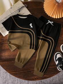SHEIN Color Block Line Design, Printed Short Sleeve Crew Neck T-Shirt With Long Pants, Fashionable Outfit Suitable - Multicolor - View 6