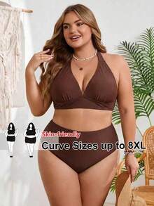 SHEIN CURVE+ 大码女士纯色两件式吊带三角比基尼泳衣，适合度假和海滩穿着 - 棕色 - 查看 1