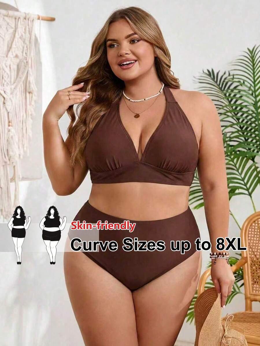 SHEIN CURVE+ 大码女士纯色两件式吊带三角比基尼泳衣，适合度假和海滩穿着 - 棕色 - 查看 1