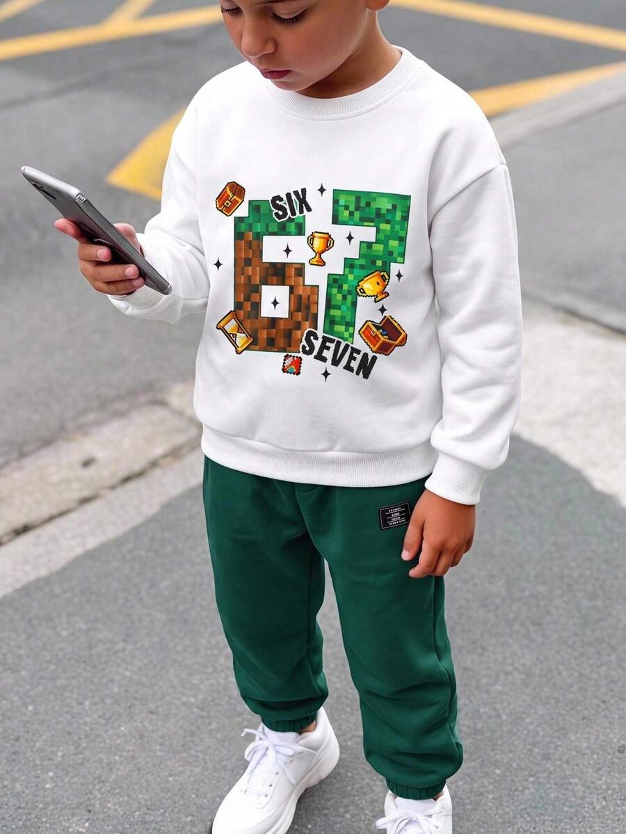 SHEIN 2件組兒童青少年男孩新款白色運動衫套裝，Y2K風格，Mini World，數字67，適合秋冬、學校、家庭聚會、開學季、運動，秋季穿搭，冬季穿搭