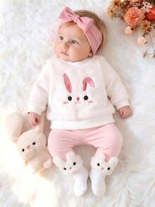 SHEIN Newborn Baby Girl Cute Sweet Style 2 Pieces Set, Knitted Fabric, Beige & Pink & White Striped Color, Shoulder Button Long Sleeve Top With Rabbit Embroidery, Pants With 3D Rabbit Design, Thermal Lined & Thickened, Suitable For Holiday Photos, Outfits, Autumn/Winter, 0-9 Months - White - View 2