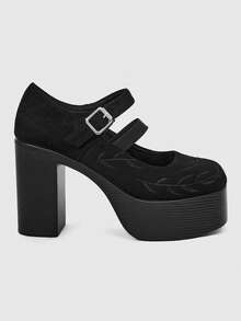 Sugerpunk Women Shoes Fashionable And Sexy Platform High-Heeled Shoes, Punk Style Gothic Solid Color Flower Embroidery Design Silver Adjustable Buckle - Graphite Black - View 1