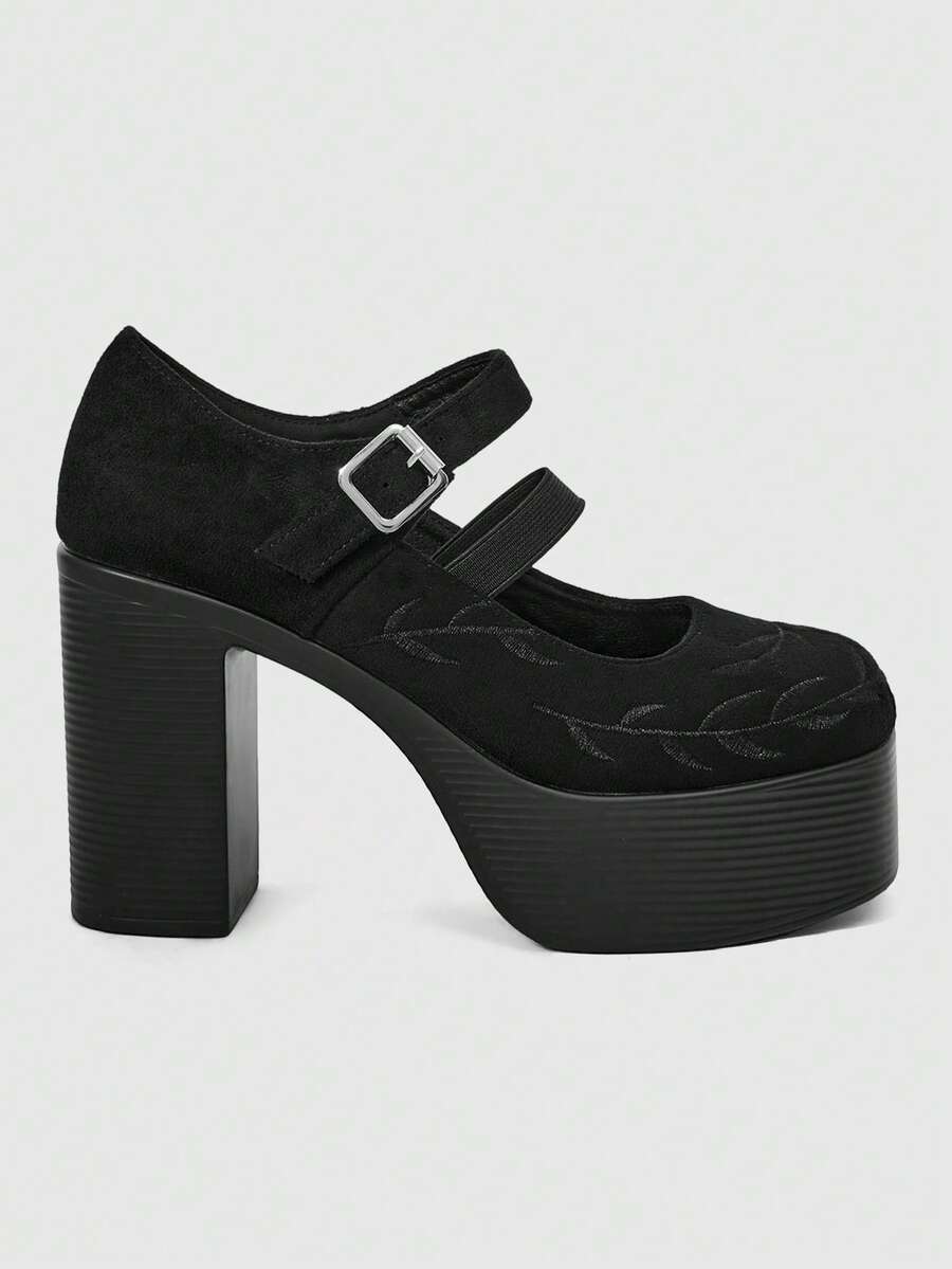 Sugerpunk Women Shoes Fashionable And Sexy Platform High-Heeled Shoes, Punk Style Gothic Solid Color Flower Embroidery Design Silver Adjustable Buckle - Graphite Black - View 1
