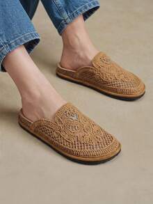 Solecia Women's Flat Bottom Round Toe Embroidery Thread Casual Beach Vacation Shoes - Brown - View 2