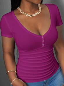 Slaydiva Plus Size Women Solid Color Ruched Slim Fit Versatile Daily Casual Short Sleeve T-Shirt - Hot Pink - View 1