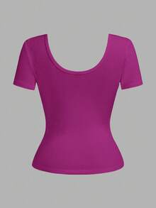 Slaydiva Plus Size Women Solid Color Ruched Slim Fit Versatile Daily Casual Short Sleeve T-Shirt - Hot Pink - View 2