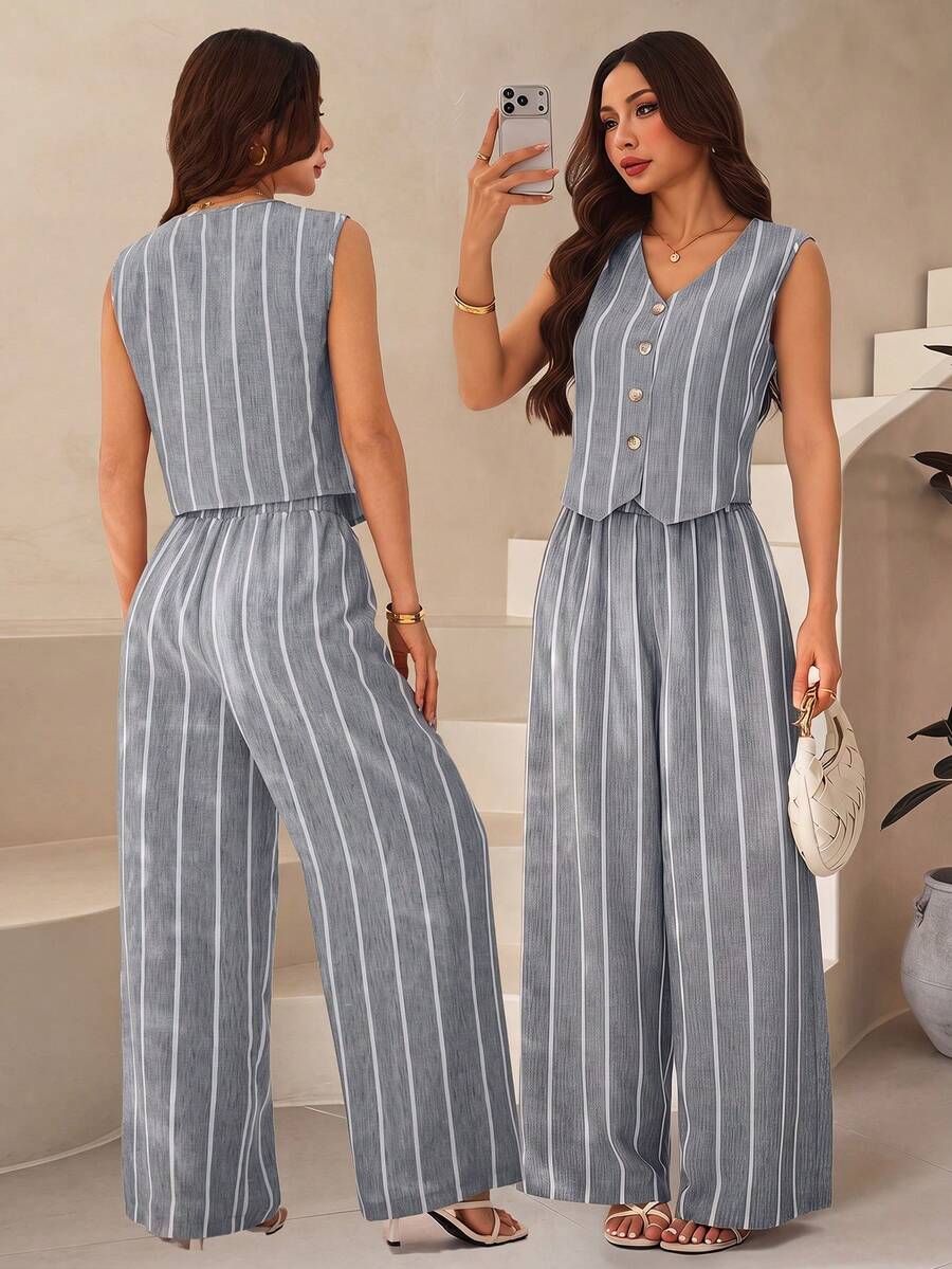 SHEIN PETITE 法式復古休閒條紋無袖上衣與寬腿褲兩件套夏季女裝 - 淺灰色 - 查看 1