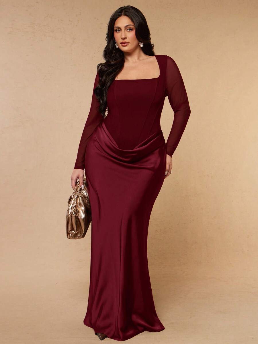 SHEIN BAE CURVE 大尺碼女款優雅長袖百褶緞面拼接洋裝 秋季 - 酒紅色 - 查看 1