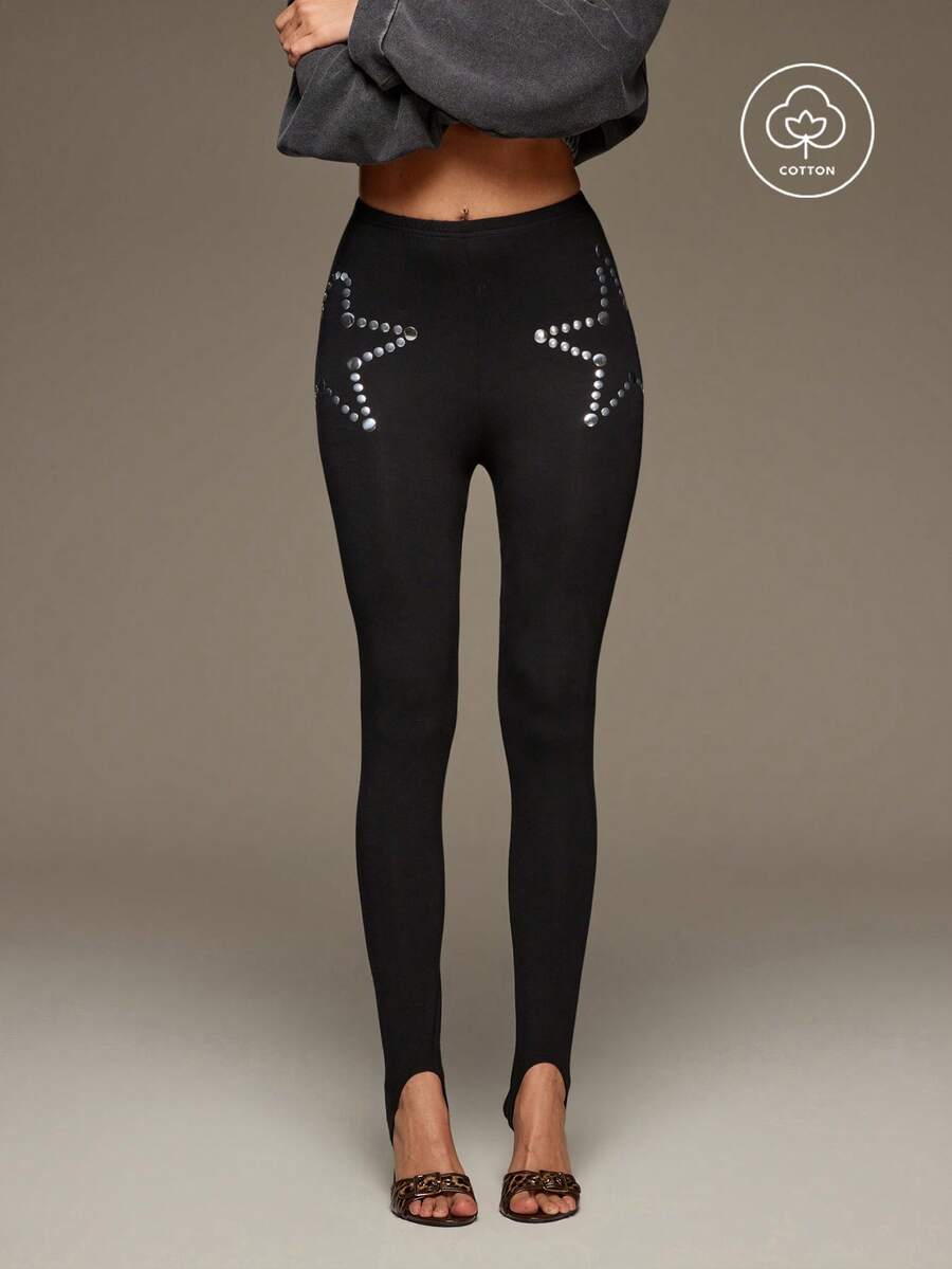 BAD SUNDAY Women's All Season Autumn/Winter Sexy Y2K Retro Punk Star Foil Print Leggings, Suitable For Outerwear - Black - View 1