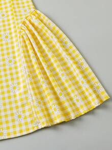 1件女童春夏復古甜美風波點印花方領無袖鬱金香洋裝，大蝴蝶結露背裝飾，適合生日派對與日常穿著 - 黃色 - 查看 9
