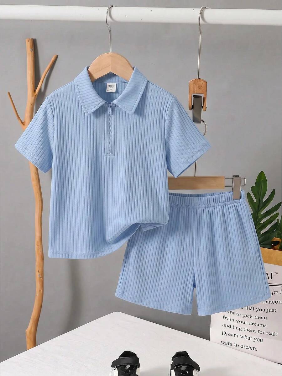 SHEIN 2 件装年轻男童休闲运动学院风文艺复古带门筒翻领 POLO 衫短裤套装童装年轻男童衣服返校男童套装适合生日派对、晚会、演出、婚礼、洗礼、开幕式、日常穿着适合日常穿着适合上学适合旅行适合运动适合春夏季节