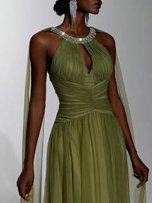 Elitara Elegant Filipiniana Olive Green Tulle Halter Keyhole Cape Sleeve Diamond Tassel Chain Backless Pleated Floor ALine Train Prom Wedding Party - Olive Green - View 5