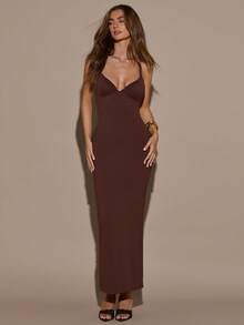 SHEIN BAE Women's Solid Coffee Brown Basic Minimalist Spaghetti Strap Dress With Built-In Padded Cups, Push-Up Fitted Straight Long Elegant Party Dinner Summer - Brown - View 5