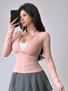 DAZY 女款春夏秋粉色修身顯身材運動瑜伽百搭打底開襟外套 T-shirt，韓系 Y2K 風格 - 粉色 - 查看 12