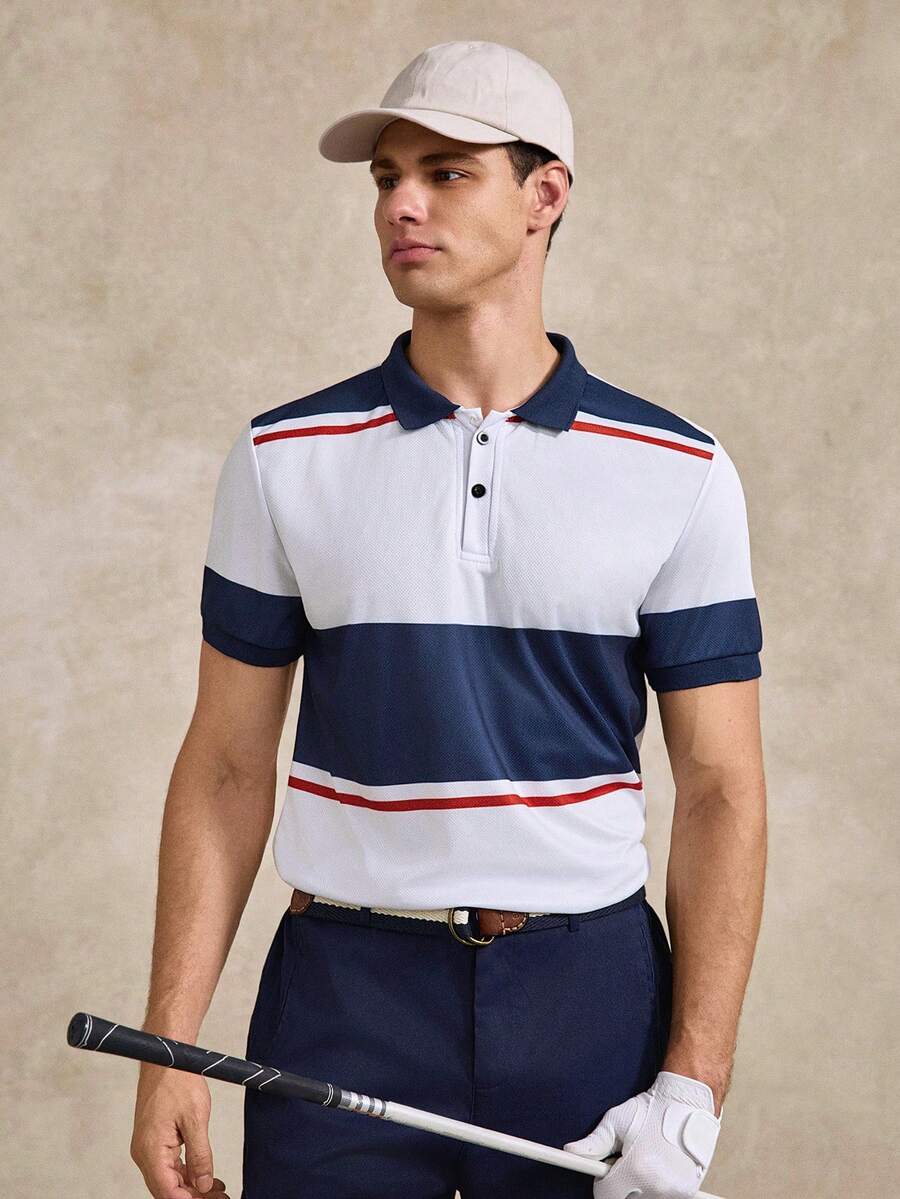 Courvante 男士夏季休閒拼色拼接 Polo 衫 - 彩色 - 查看 1