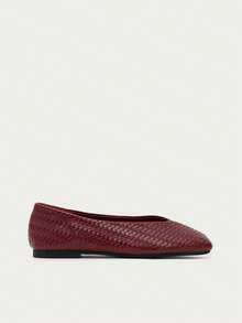 Nöista Burgundy Woven Leather Effect Ballet Flat With A Square Toe And A Sleek, Minimalist Silhouette For Effortless Everyday Elegance. Fall Shoes - Burgundy - View 3