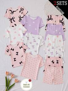 2套女童幼童貼身家居服套裝 盲盒風格 6款設計 2件上衣與短褲 印有甜美蝴蝶結心形波點圖案 打造清新可愛造型 全色調為粉色紫色與白色 柔軟針織面料 親膚滑順 垂墜感佳 針織面料 可機洗 舒適貼身 (2套將從6款風格中隨機選取) - 彩色 - 查看 1