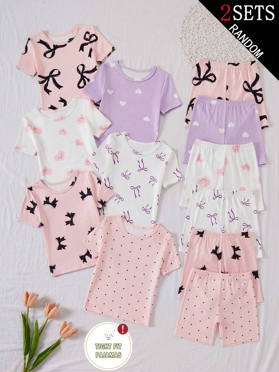 2套女童幼童貼身家居服套裝 盲盒風格 6款設計 2件上衣與短褲 印有甜美蝴蝶結心形波點圖案 打造清新可愛造型 全色調為粉色紫色與白色 柔軟針織面料 親膚滑順 垂墜感佳 針織面料 可機洗 舒適貼身 (2套將從6款風格中隨機選取) - 彩色 - 查看 1