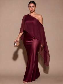 SHEIN BAE CURVE فستان نسائي أنيق طويل بكتف غير متماثل مقاس كبير - عنابي اللون - مشاهدة 1
