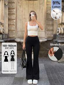 SHEIN PETITE Casual Athleisure Basic Versatile Solid Color Wide Waist Flare Pants Back-To-School Fitness Gym Workout Black Summer - Black - View 7