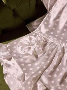SilkySpell White Premium Satin Faux Silk Polka Dot Jacquard Camisole Shorts + Hair Scrunchie 3 PiecesPajama Set - White - View 4
