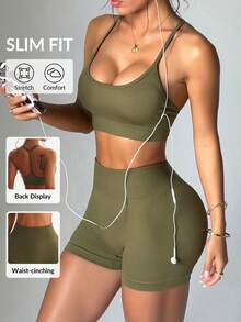 Slayform Slayform 2pcs Women's Seamless Adjustable Strap Scoop Neck Sports Bra And 3/4 Shorts Workout Athleisure Athletic Set For Running Fitness Olive Green - Army Green - View 1