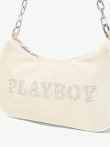 Missguided x Playboy 水鑽 Logo 絲絨肩背包，附鏈條背帶，法棍包/波希米亞包/手拿包，晚宴派對度假禮物 - 米色 - 查看 4